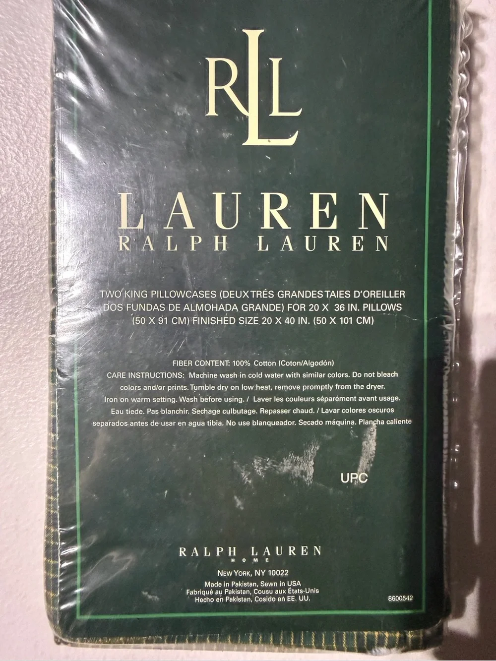 BNWT Lauren Ralph Lauren Green Plaid King Pillowcases - Set of 2